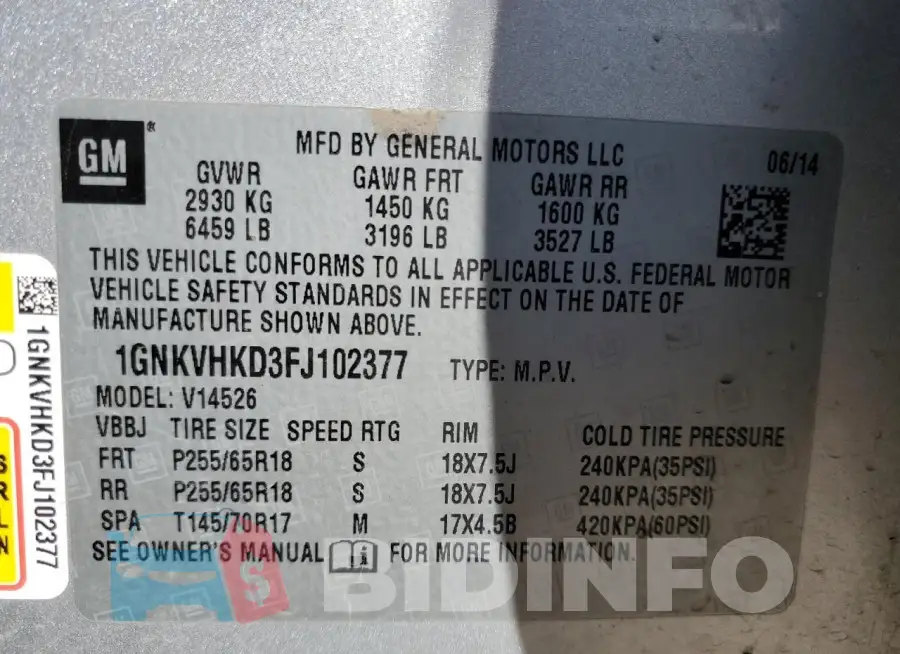 1GNKVHKD3FJ102377 Photo# 13