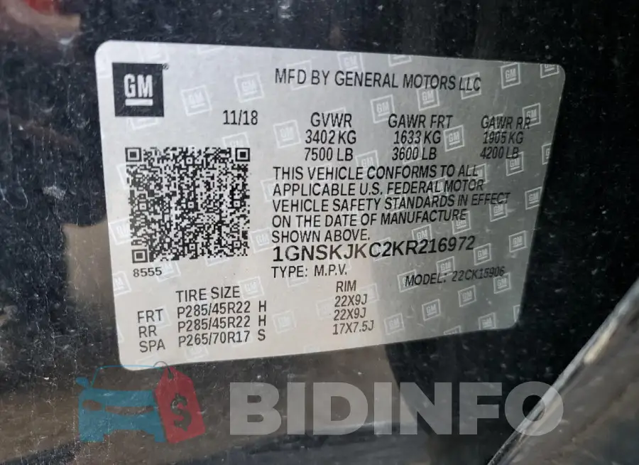 1GNSKJKC2KR216972 Photo# 12