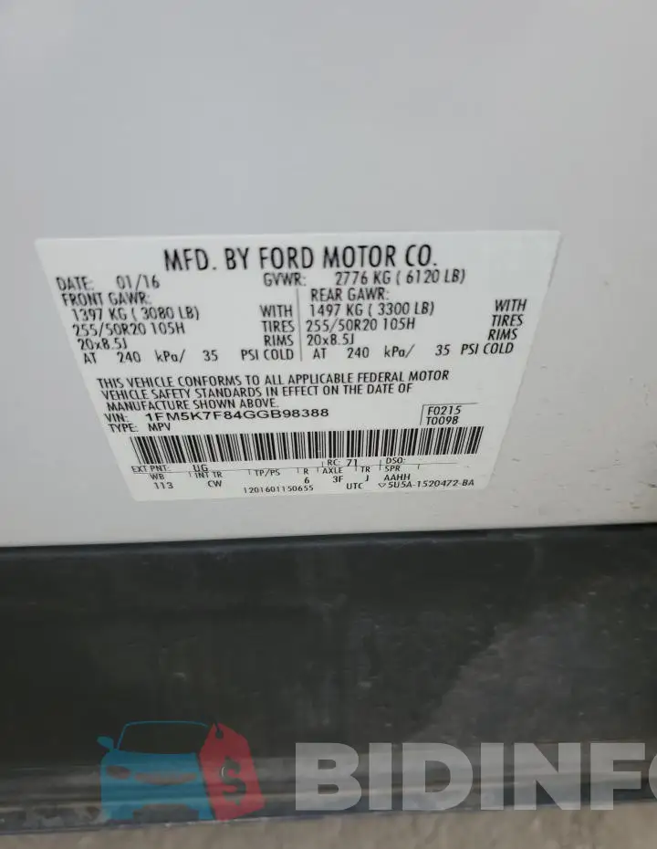1FM5K7F84GGB98388 Photo# 12