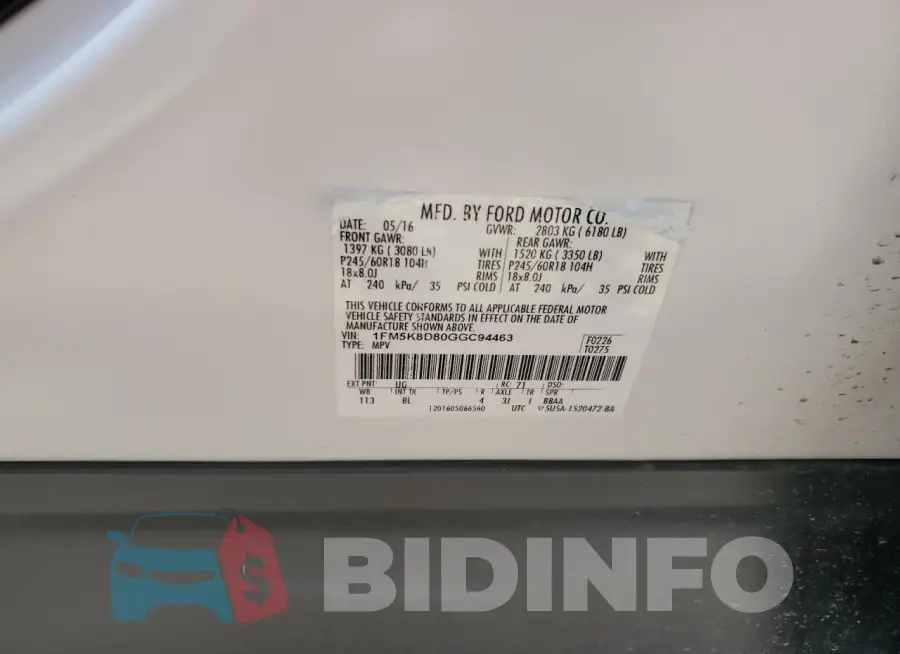 1FM5K8D80GGC94463 Photo# 12
