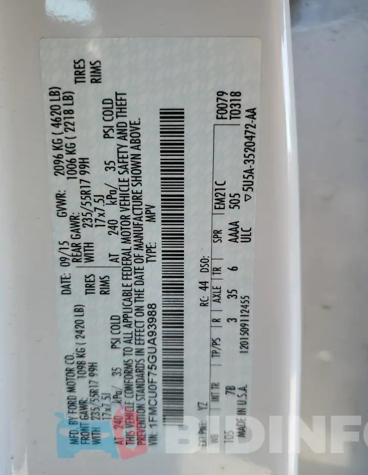 1FMCU0F75GUA93988 Photo# 14