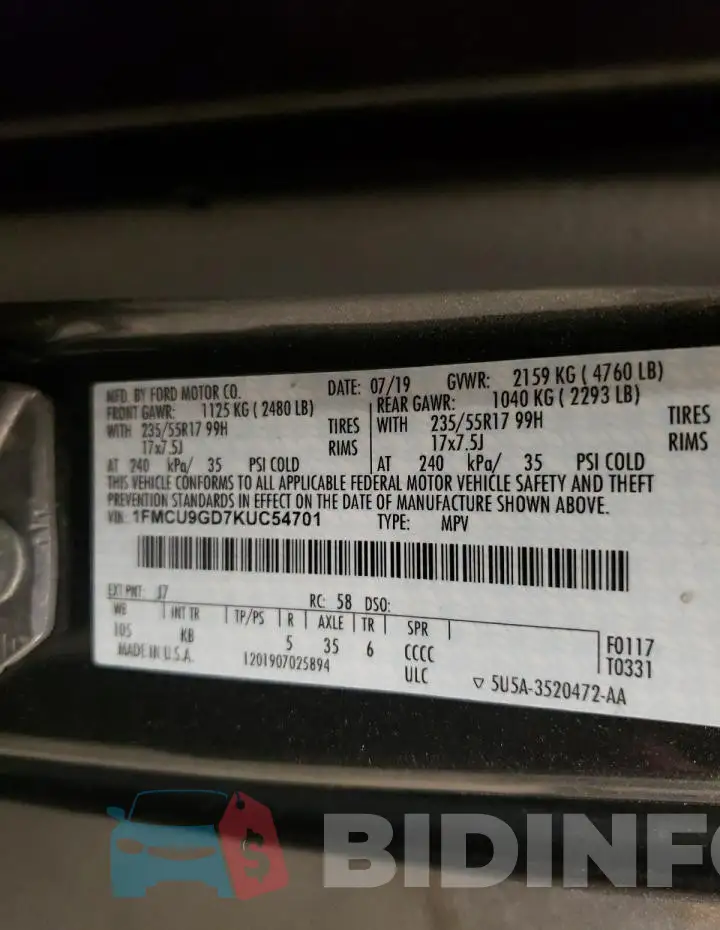 1FMCU9GD7KUC54701 Photo# 13