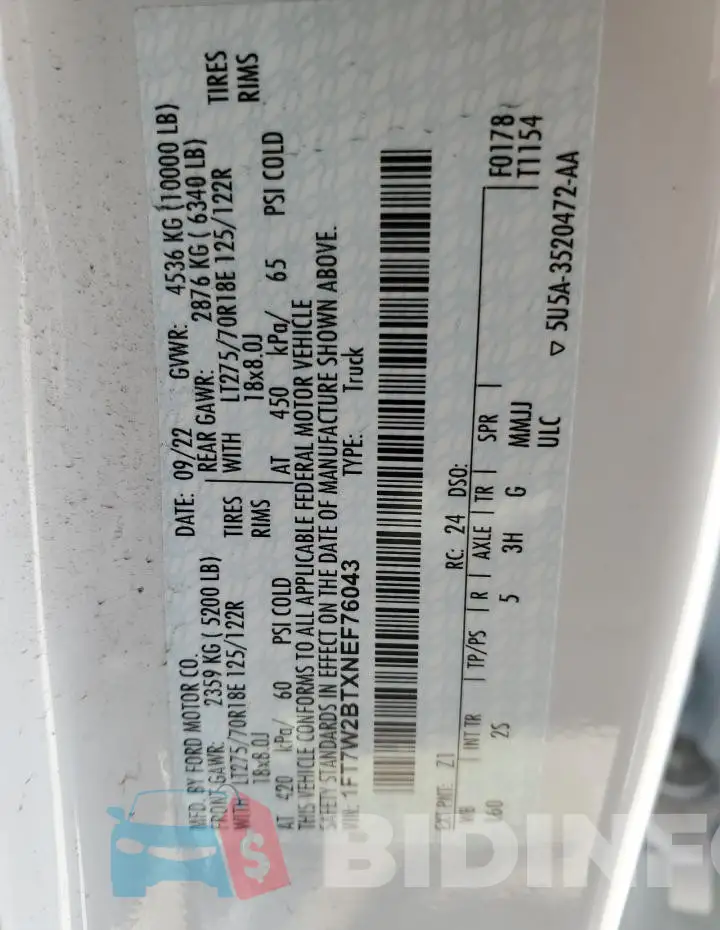 1FT7W2BTXNEF76043 Photo# 12