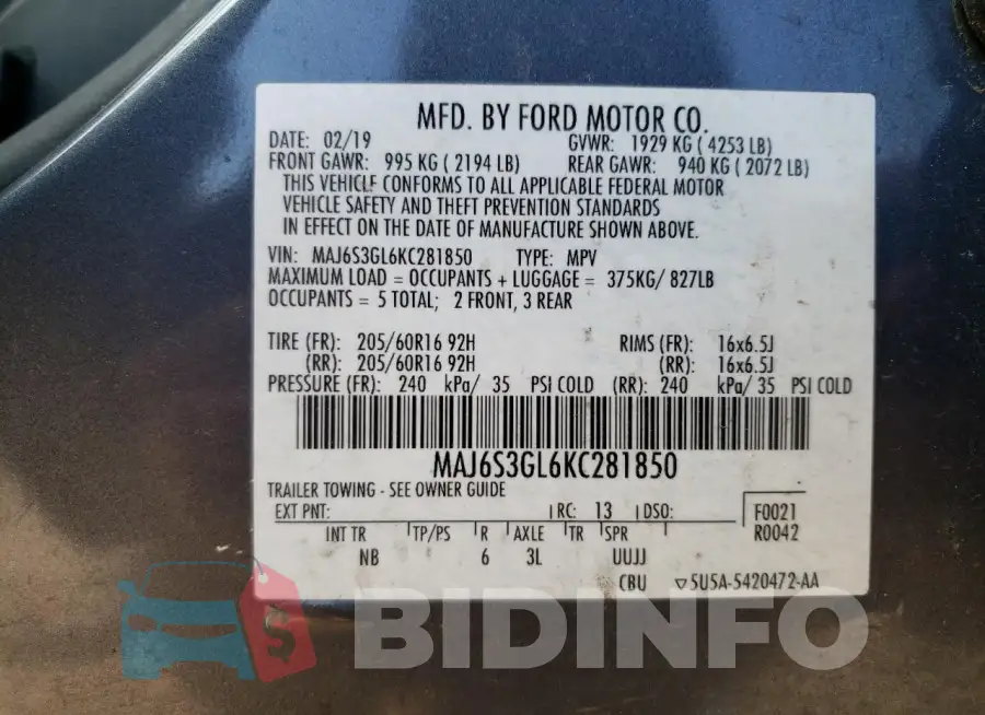 MAJ6S3GL6KC281850 Photo# 12