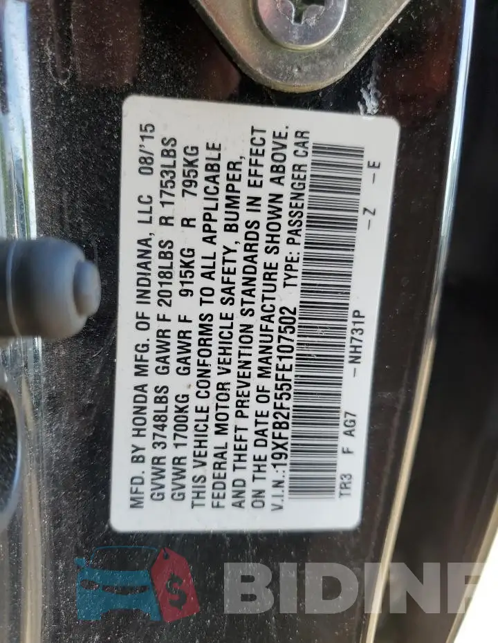 19XFB2F55FE107502 Photo# 12