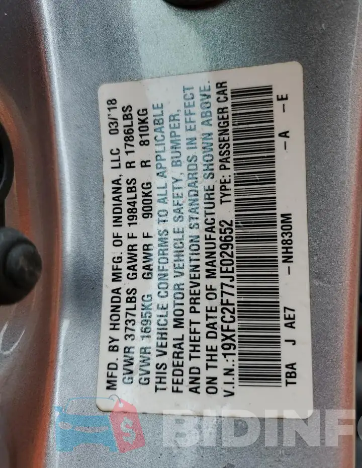 19XFC2F77JE029652 Photo# 12