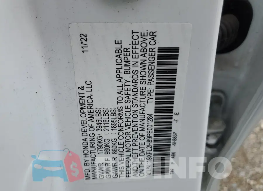 19XFL2H89PE001284 Photo# 13