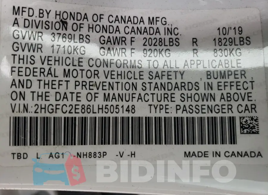2HGFC2E86LH505148 Photo# 12