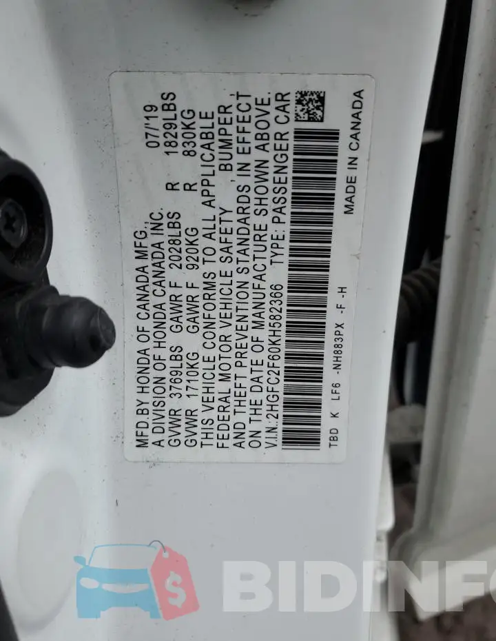 2HGFC2F60KH582366 Photo# 12