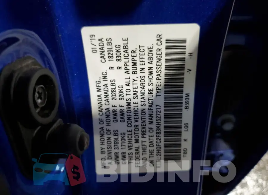 2HGFC2F83KH527217 Photo# 12