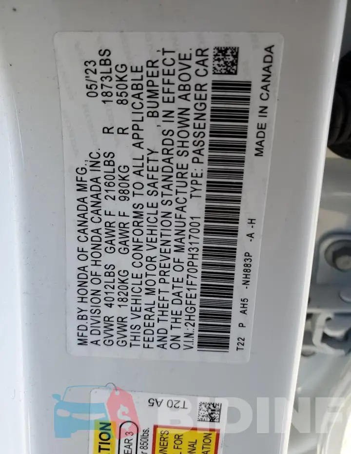 2HGFE1F70PH317001 Photo# 12
