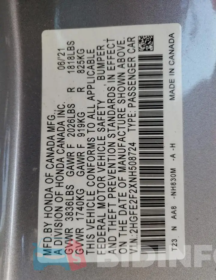 2HGFE2F2XNH508724 Photo# 12