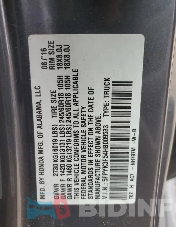 5FPYK3F54HB009533 Photo# 12