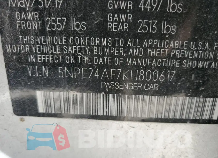 5NPE24AF7KH800617 Photo# 14
