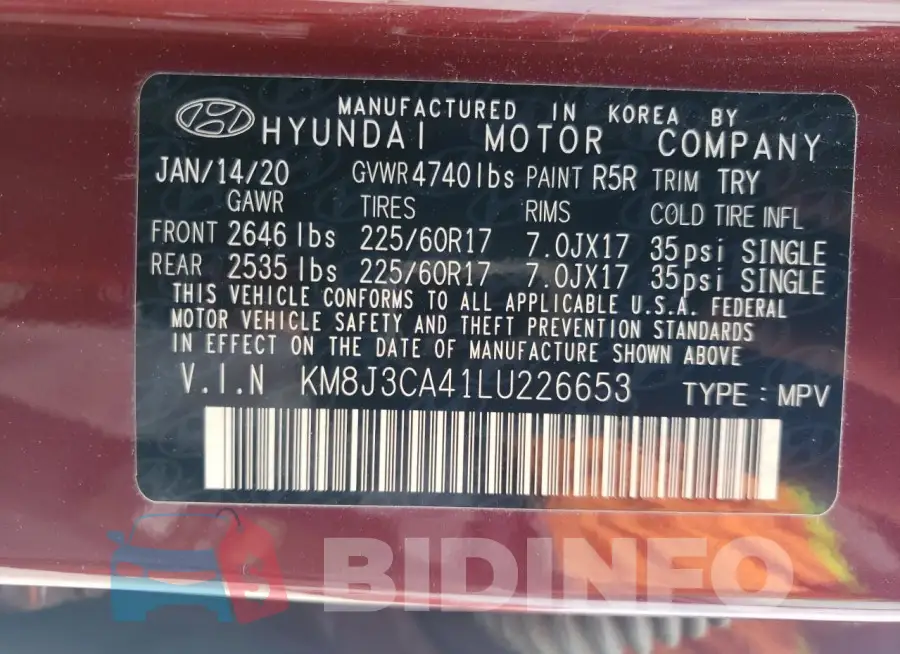KM8J3CA41LU226653 Photo# 12