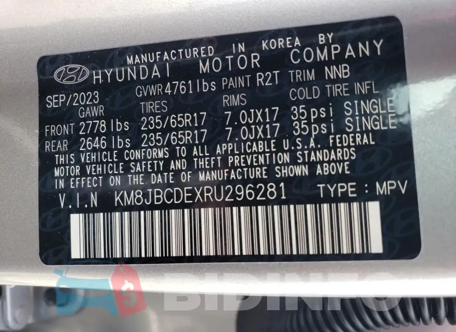 KM8JBCDEXRU296281 Photo# 13