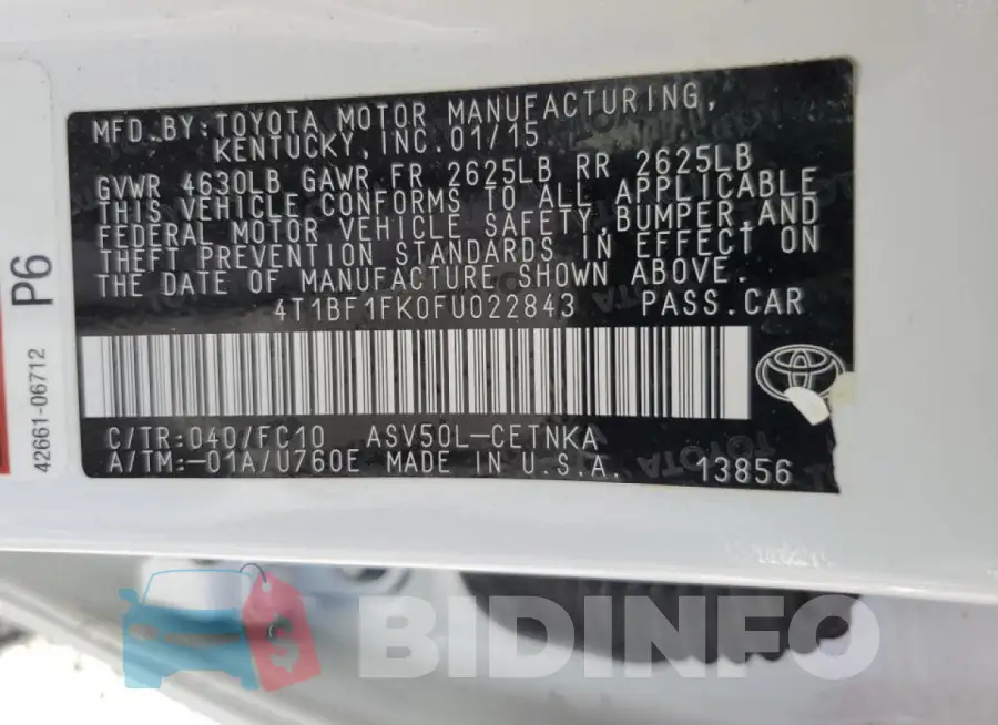 4T1BF1FK0FU022843 Photo# 13