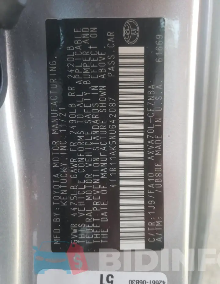 4T1R11AK5NU642087 Photo# 12
