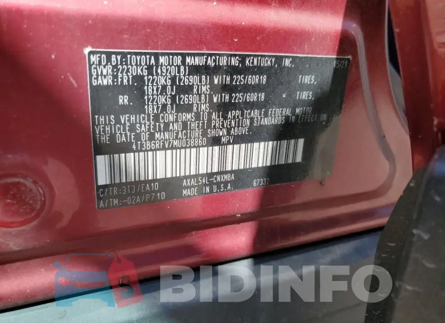 4T3B6RFV7MU038860 Photo# 13