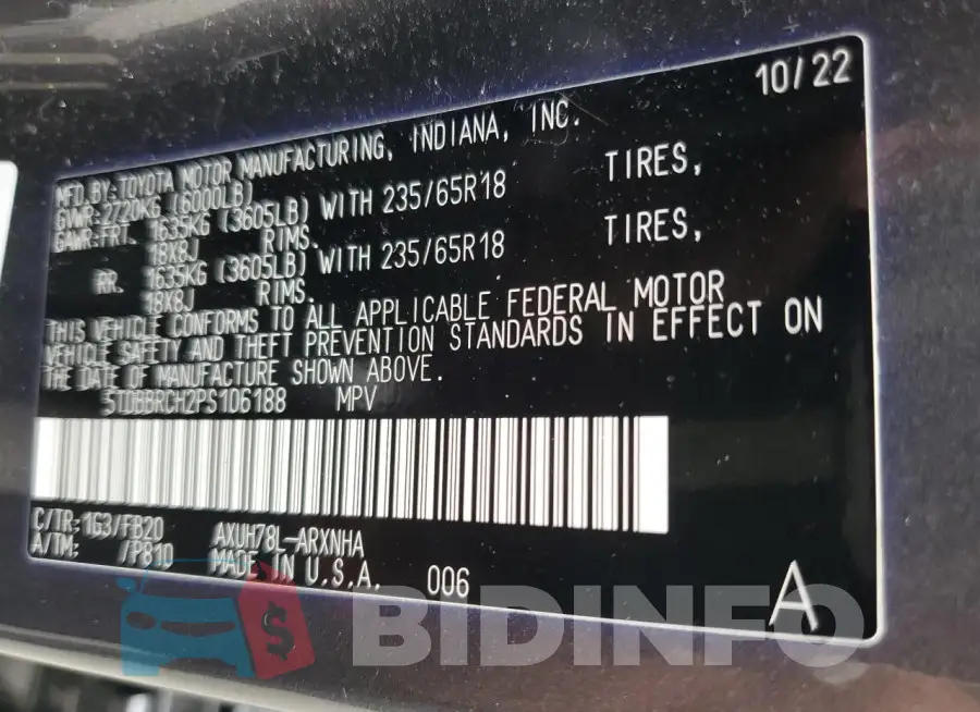 5TDBBRCH2PS106188 Photo# 14