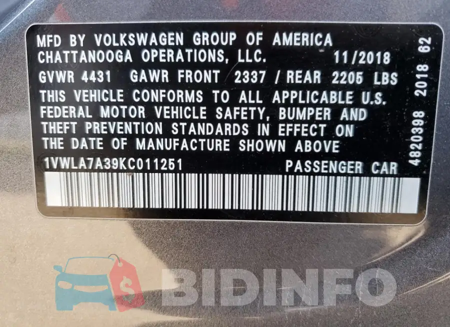1VWLA7A39KC011251 Photo# 12