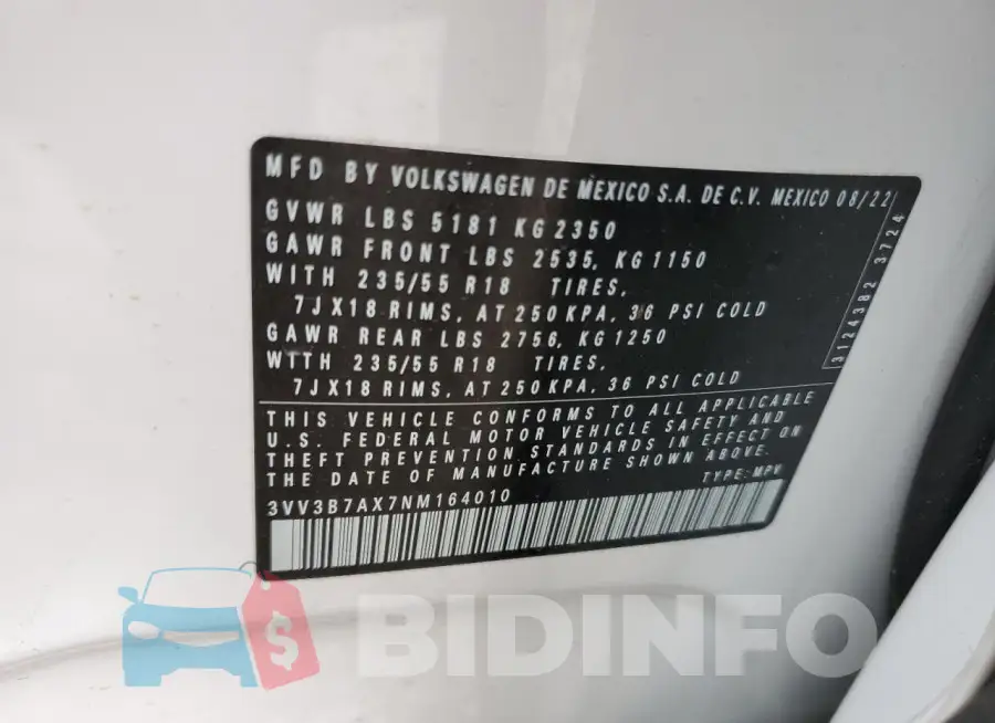 3VV3B7AX7NM164010 Photo# 13