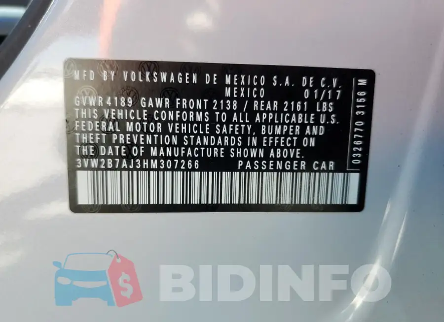 3VW2B7AJ3HM307266 Photo# 12