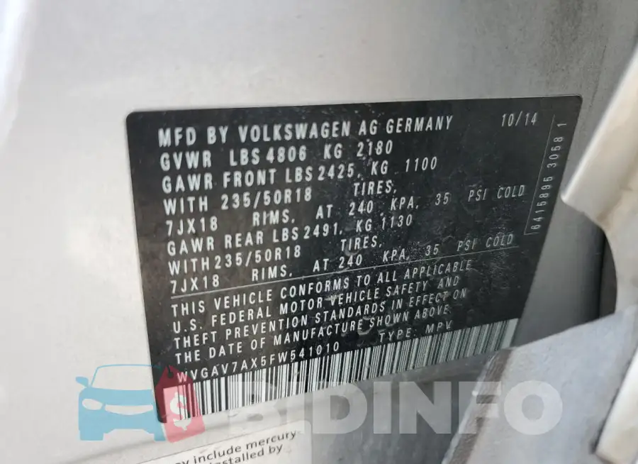 WVGAV7AX5FW541010 Photo# 12