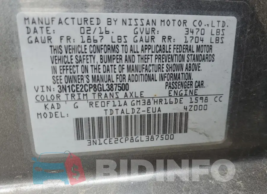 3N1CE2CP8GL387500 Photo# 12