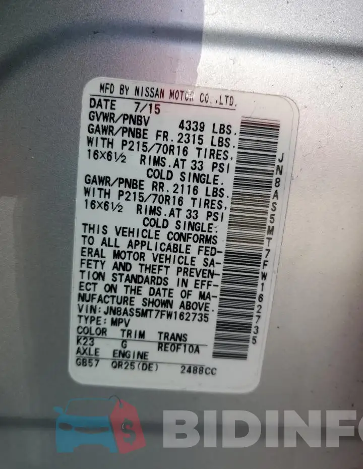 JN8AS5MT7FW162735 Photo# 12