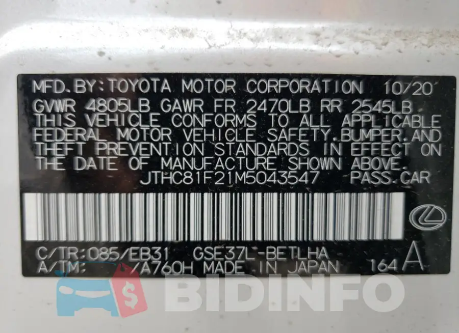 JTHC81F21M5043547 Photo# 12