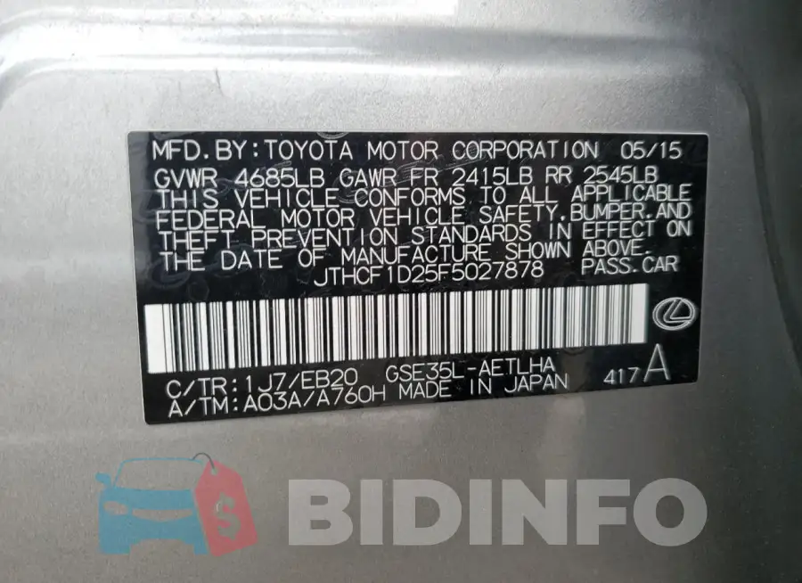 JTHCF1D25F5027878 Photo# 13