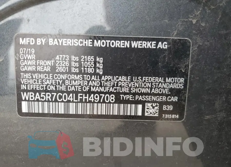 WBA5R7C04LFH49708 Photo# 13