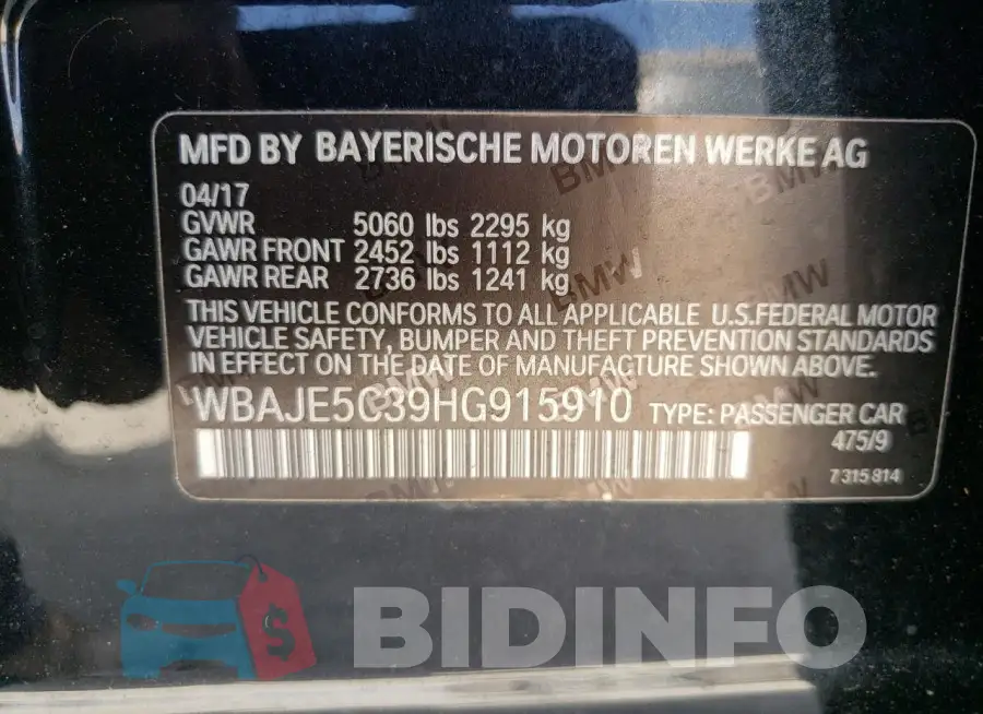 WBAJE5C39HG915910 Photo# 12