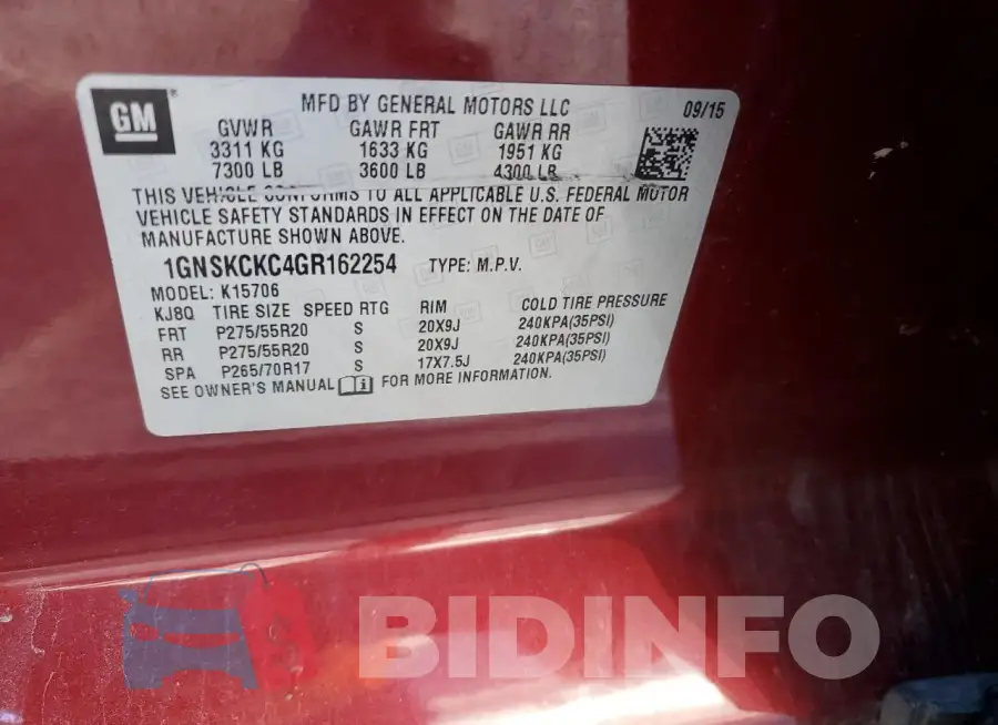 1GNSKCKC4GR162254 Photo# 13