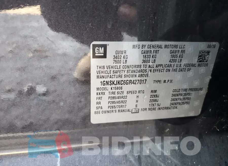 1GNSKJKC6GR427017 Photo# 12