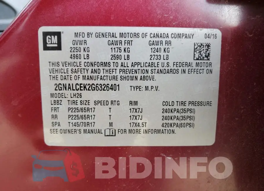 2GNALCEK2G6326401 Photo# 12