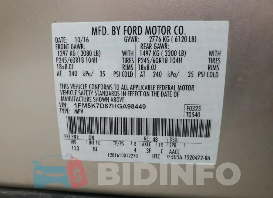 1FM5K7D87HGA98449 Photo# 13