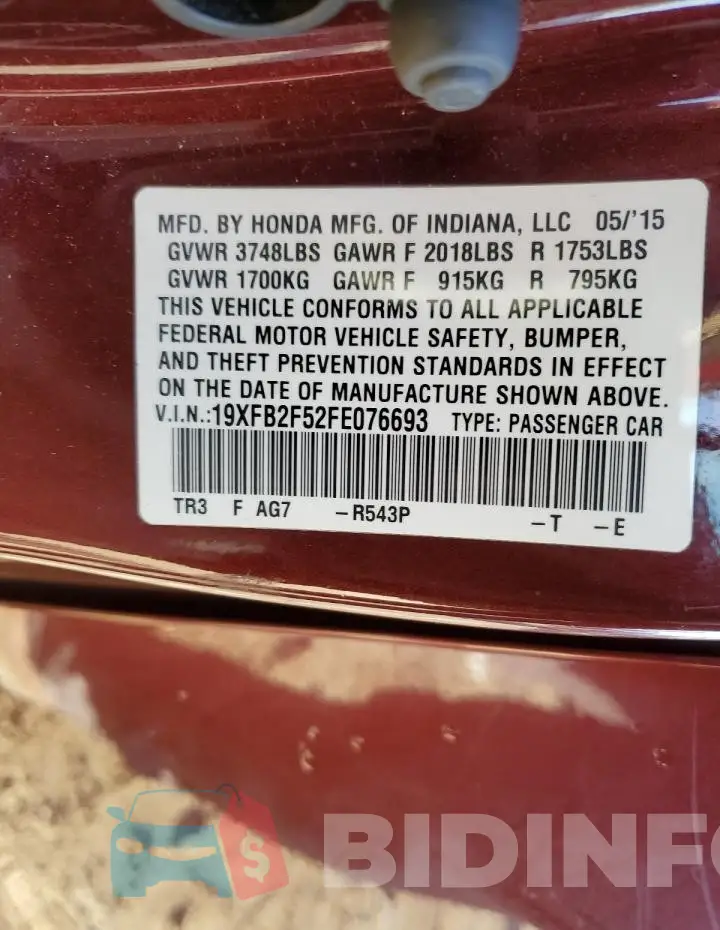 19XFB2F52FE076693 Photo# 12