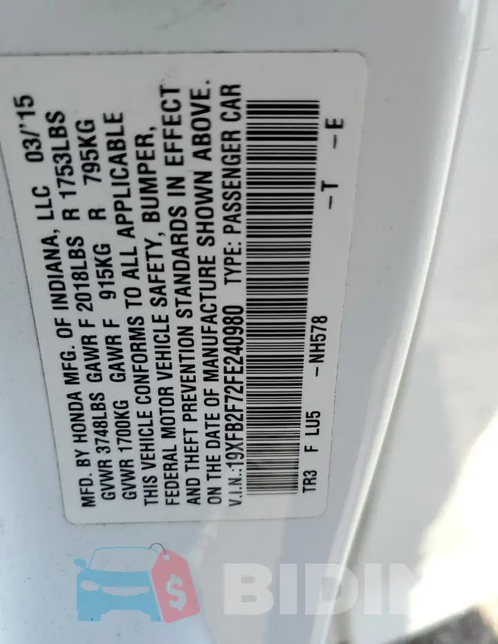 19XFB2F72FE240980 Photo# 13
