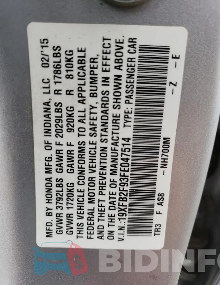 19XFB2F93FE047514 Photo# 12