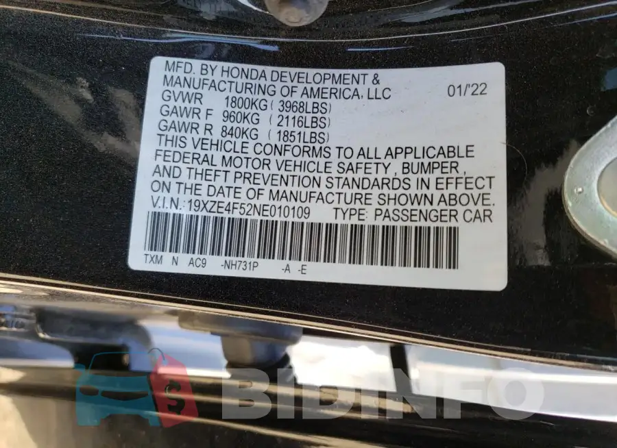 19XZE4F52NE010109 Photo# 12