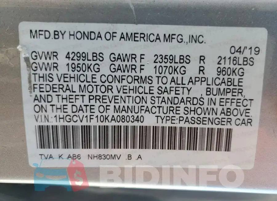 1HGCV1F10KA080340 Photo# 12