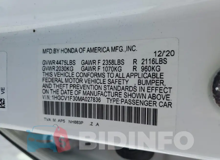 1HGCV1F30MA027836 Photo# 12