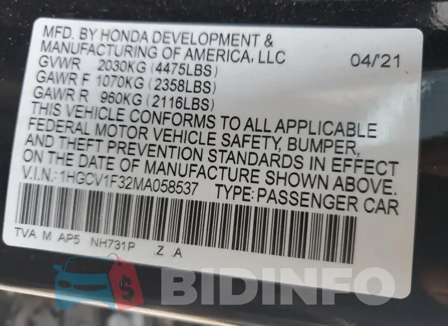 1HGCV1F32MA058537 Photo# 12