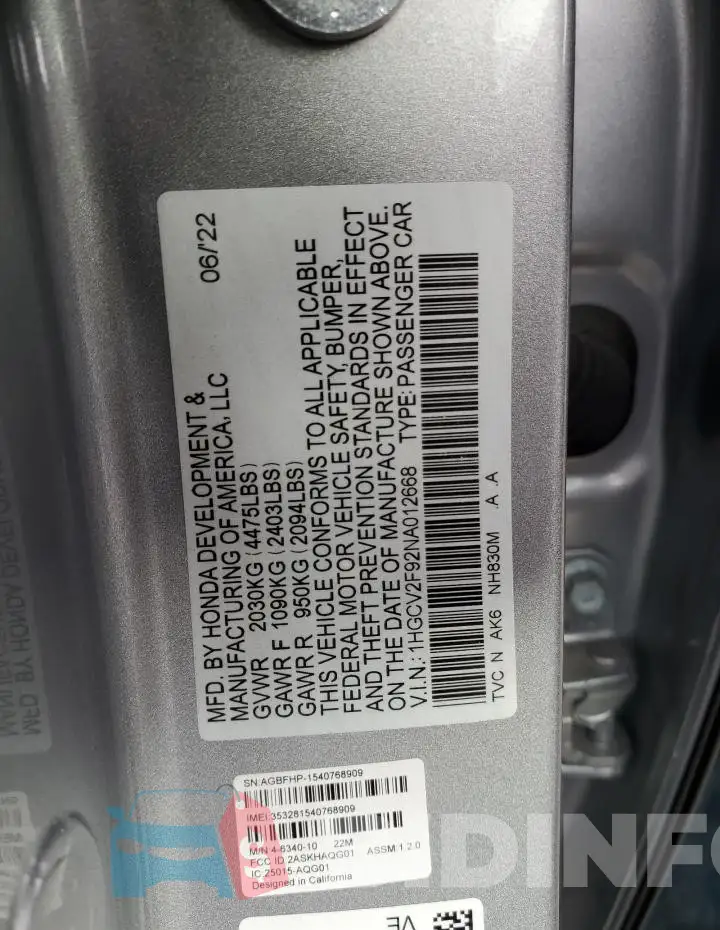 1HGCV2F92NA012668 Photo# 13