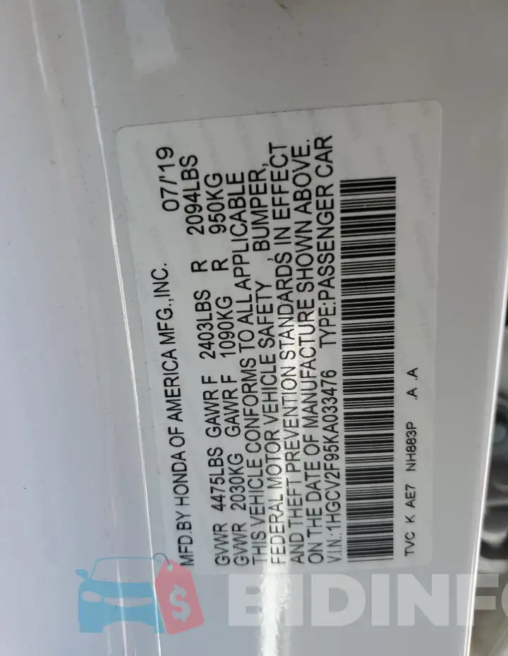 1HGCV2F95KA033476 Photo# 13
