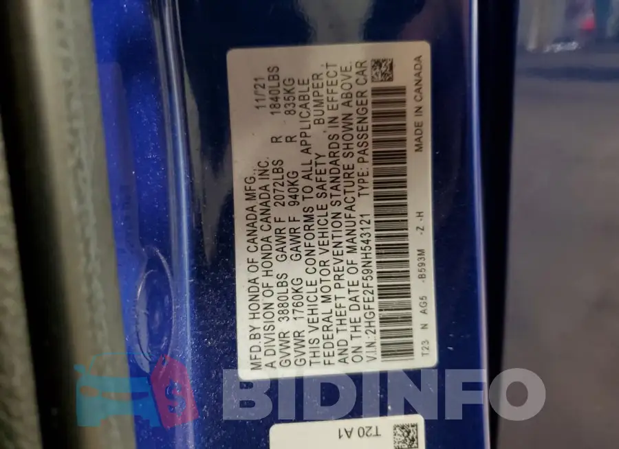 2HGFE2F59NH543121 Photo# 13