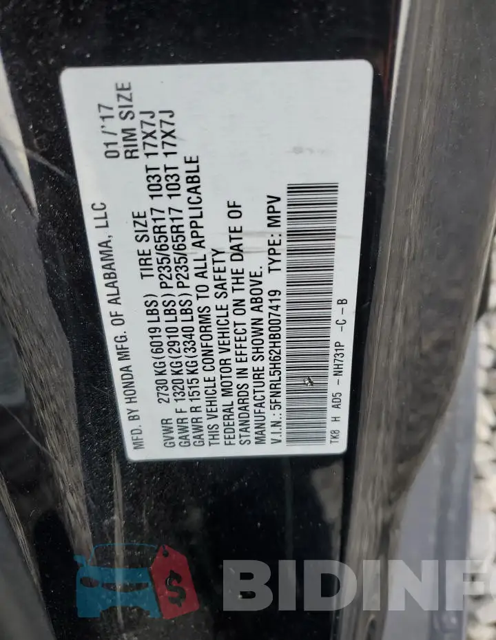 5FNRL5H62HB007419 Photo# 13