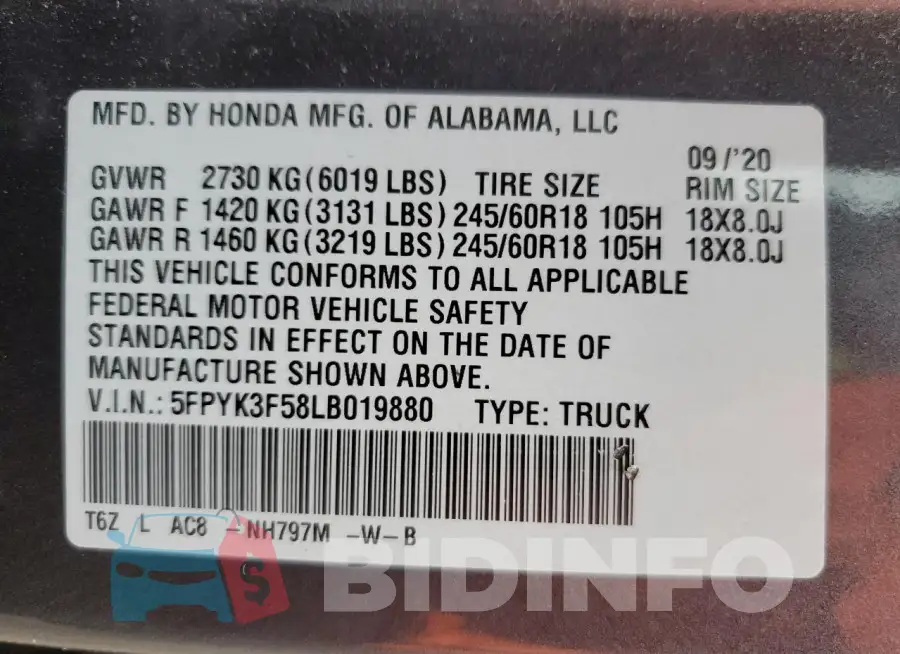 5FPYK3F58LB019880 Photo# 12